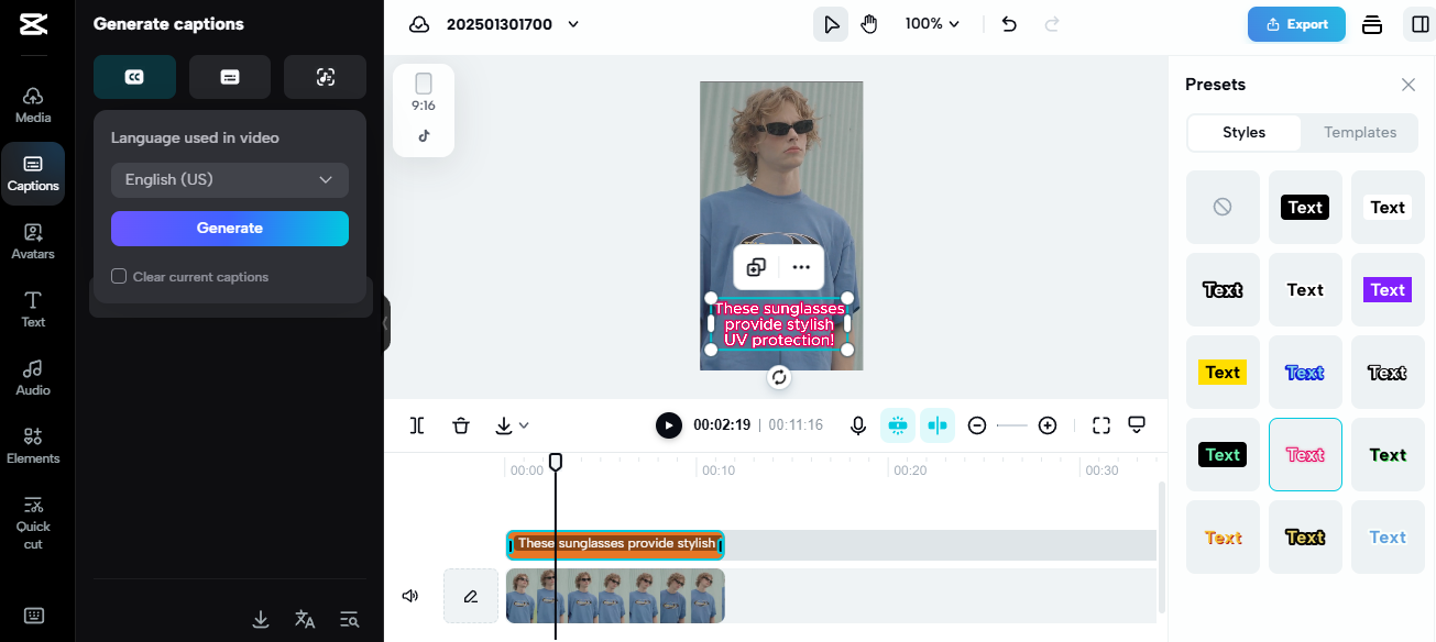 Pippit video editor generating captions for a mobile ad showcasing stylish sunglasses with UV protection.